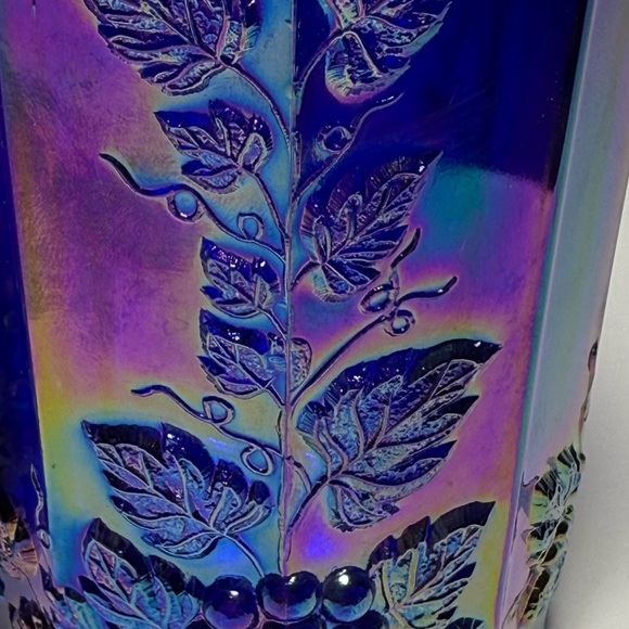 VTG Cobalt Blue Carnival Glass Grape Tumblers Set of 2 Iridescent Pressed Glass - Picture 3 of 5